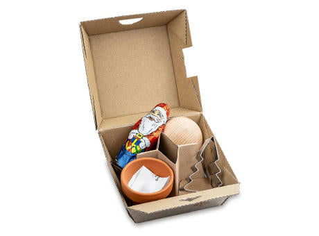 Geschenk-Set Xmas - V6 - Tontöpfchen mit Fichtensamen, Schoko-Nikolaus, Backförmchen Tannenbaum, Handschmeichler