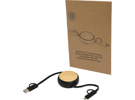 Chechia 100cm 5-in-1 Kabel aus recyceltem Kunststoff, einziehbar, für Datenübertragung und 45W Schnellladung mit Bambusdetail