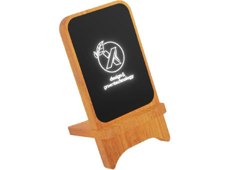 SCX.design W16 kabelloser 15-Watt-Ladeständer aus Holz mit Leuchtlogo