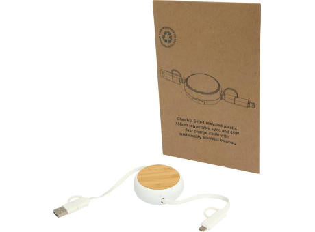 Chechia 100cm 5-in-1 Kabel aus recyceltem Kunststoff, einziehbar, für Datenübertragung und 45W Schnellladung mit Bambusdetail