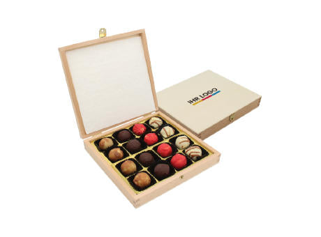 Pralinenbox Holz 16er bedruckter Deckel