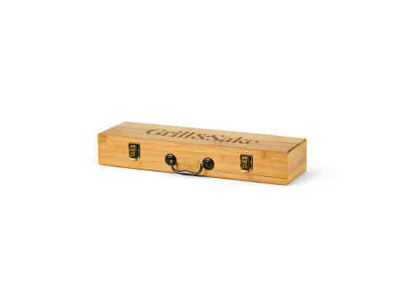 Turner Barbecue-Set aus Bambus. Mit Etui, Zange, Gabel und Spatel