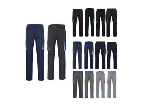 VL FIDES. Zweifarbige Stretch-Hose mit mehreren Taschen (240 g/m²), aus Baumwolle (46 %), EME (38 %) und Polyester (16 %)