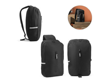 DELFOS. Rucksack mit einem Schultergurt aus 300D recyceltem Polyester und 600D recyceltem Polyester, mit 210D-Futter aus recyceltem Polyester