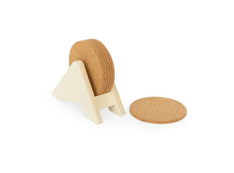 PLYCORK. Sperrholzständer mit 6 Korkuntersetzern