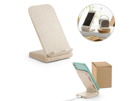 ENGLERT. Smartphone-Halter mit schnellem 10W wireless Ladegerät aus Recyceltes ABS (70% rABS) und Weizenstroh