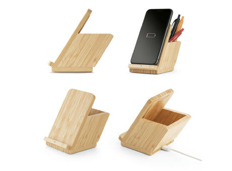 LEAVITT. Smartphone- und Kugelschreiberhalter mit 10W wireless Schnellladegerät aus Bambus