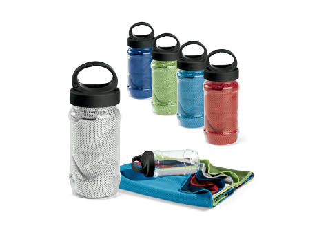 ARTX PLUS. Sporthandtuch aus Polyamid und Polyester mit Flasche (440 mL) aus PP und PET und einem integrierten Karabinerhaken am Deckel