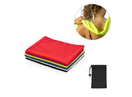 BERNAL. Sporthandtuch aus recyceltem Polyester (100% rPET) dient zur Erfrischung mit Vliesstoffbeutel