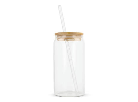 Glas mit Bambusdeckel & Strohhalm 450ml