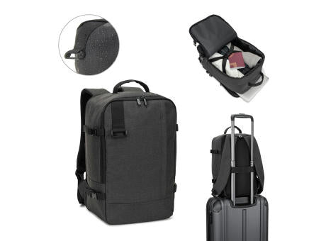 CIES. Rucksack, entwickelt um die von den Fluggesellschaften geforderten Massvorgaben zu erfüllen, aus hochdichtem, recyceltem 600D-Polyester
