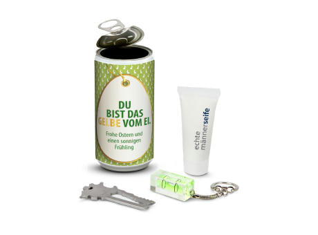 Geschenkset / Präsenteset: Männer-Geheimnis Ostern, das Nest in der Dose - Etikett Frohe Ostern - EierWiese