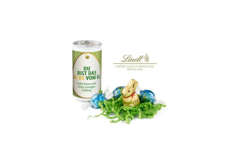 Geschenkartikel / Präsentartikel: Lindt-Oster-Überraschung, Das Nest in der Dose - Etikett Frohe Ostern - EierWiese