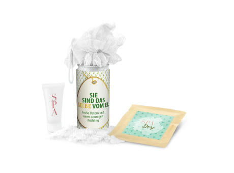Geschenkset / Präsenteset: SPA Dose Ostern, das Nest in der Dose - Etikett Frohe Ostern - EierWiese