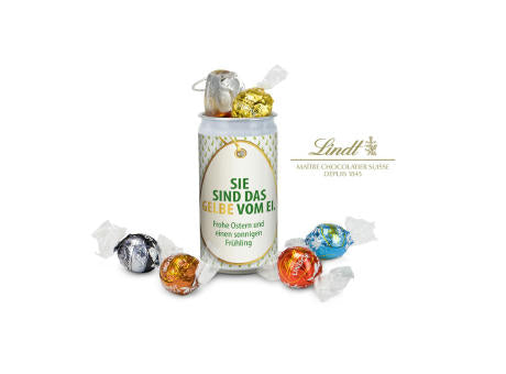 Geschenkartikel / Präsentartikel: Lindt-Geheimnis Ostern, das Nest in der Dose - Etikett Frohe Ostern - EierWiese