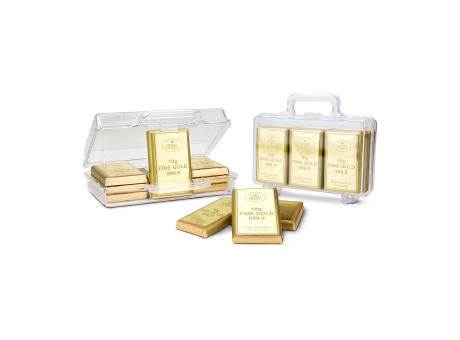 Geschenkartikel / Präsentartikel: Frohe Ostern Goldkoffer mit 12 Goldbarren, Edelvollmilch-Schokolade (120 g)