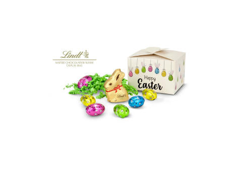 Geschenkartikel / Präsentartikel: Buntes Lindt Osternest - Lindt-Osterhase mit 6 Eiern, auch in individueller Pralinenschachtel