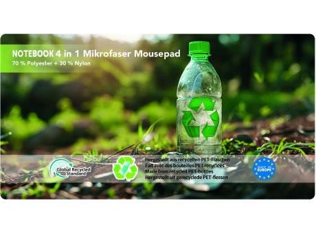 Notebook RPET 4 in 1 Mikrofaser Mousepad, 290 x 150 x 1 mm