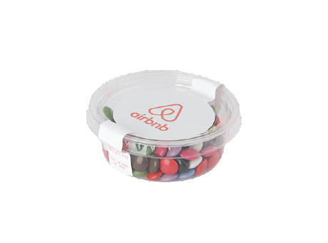 Transparenter biologisch abbaubarer Becher mit separatem Deckerl, Füllung 40 gr. Schokocarletties und Jelly Beans