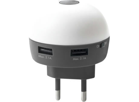 Ladegerät mit integriertem LED-Wandlicht und zwei USB Ladeeingängen