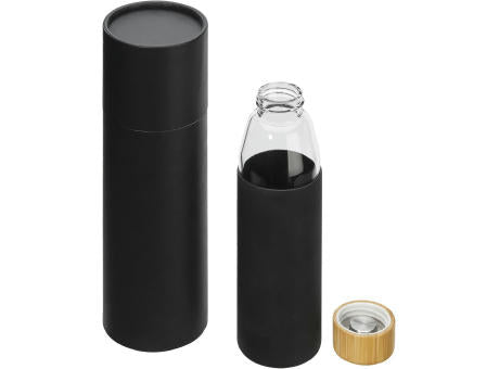 Hitzebeständige Glas-Trinkflasche 0,5 l mit Bambusdeckel, Silikonmanschette und Geschenkbox