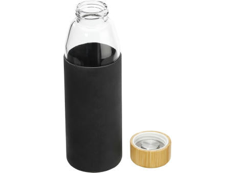 Hitzebeständige Glas-Trinkflasche 0,5 l mit Bambusdeckel, Silikonmanschette und Geschenkbox