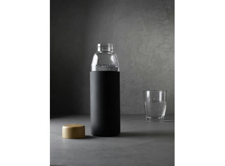 Hitzebeständige Glas-Trinkflasche 0,5 l mit Bambusdeckel, Silikonmanschette und Geschenkbox