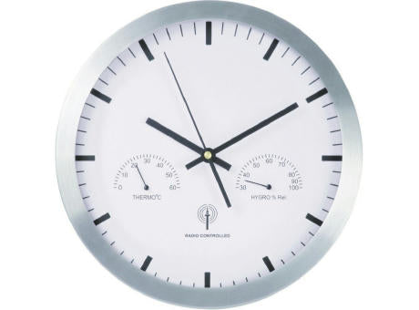 Große Funkwanduhr 30 cm aus Alu mit automatischer Zeiteinstellung, Thermometer und Hygrometer