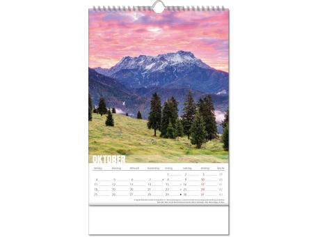 Kalender "Bergwelten" im Format 24 x 38,5 cm, mit Wire-O Bindung und verlängerter Rückwand