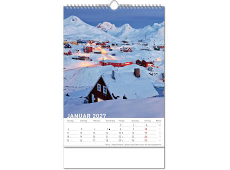 Kalender "Reiseziele" im Format 24 x 38,5 cm, mit Wire-O Bindung und verlängerter Rückwand