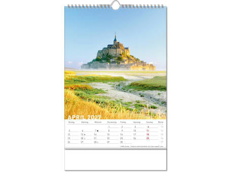 Kalender "Reiseziele" im Format 24 x 38,5 cm, mit Wire-O Bindung und verlängerter Rückwand