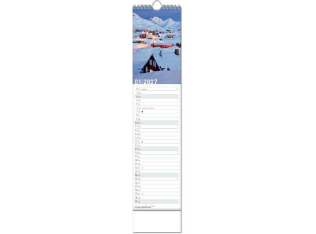 Kalender "Reiseziele" im Format 11 x 51 cm, mit Wire-O-Bindung und verlängerter Rückwand