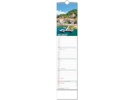 Kalender "Reiseziele" im Format 11 x 51 cm, mit Wire-O-Bindung und verlängerter Rückwand