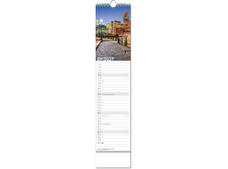 Kalender "Reiseziele" im Format 11 x 51 cm, mit Wire-O-Bindung und verlängerter Rückwand