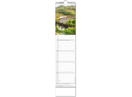 Kalender "Reiseziele" im Format 11 x 51 cm, mit Wire-O-Bindung und verlängerter Rückwand