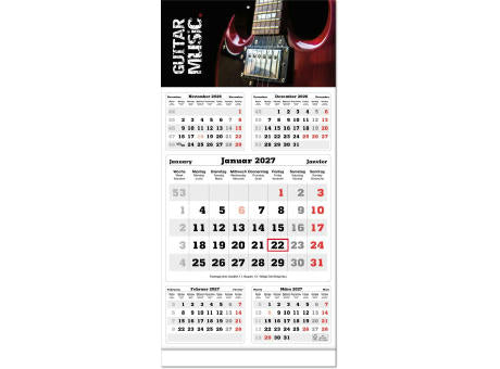 Fünf-Monats-Planer "Classic times 5" im Format 30 x 63 cm, grau, Datumsweiser umgelegt, mit Fußleiste