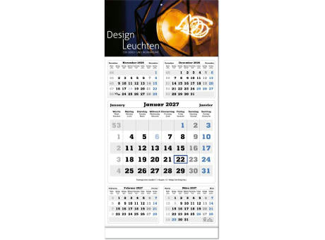 Fünf-Monats-Planer "Classic times 5" im Format 30 x 63 cm, grau/blau, Datumsweiser blau umgelegt, mit Fußleiste