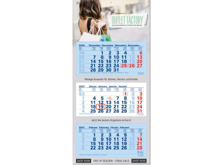 3-Monatsplaner "Junior-3" mit deutsch-mehrsprachigem Kalendarium im Format 33 x 70 cm, blau