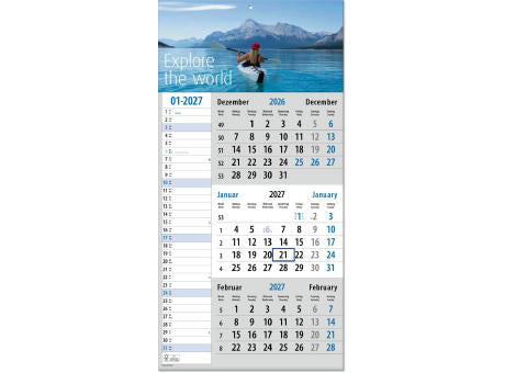 Drei-Monats-Planer "Trio Plus" im Format 30 x 60 cm, blauer Datumsweiser umgelegt