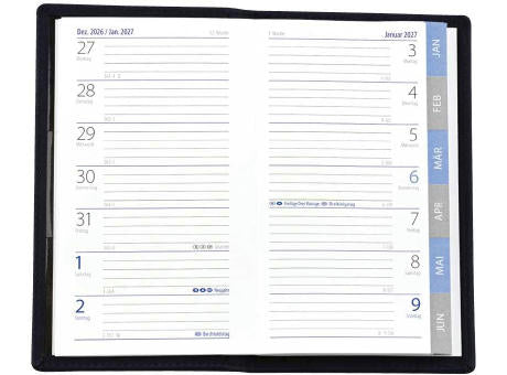 Taschenplaner "Exquisit Register D" im Format 9 x 15 cm , grau/blau, 64 Seiten, in PVC-Hülle schwarz eingesteckt