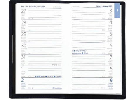 Taschenplaner"Exquisit INT" im Format 9 x 15 cm, grau/blau, 64 Seiten, in PVC-Hülle schwarz eingesteckt