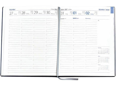Wochenkalender "Manager D", im Format 21 x 26 cm, 144 Seiten, Fadenheftung, Decke Balacron schwarz
