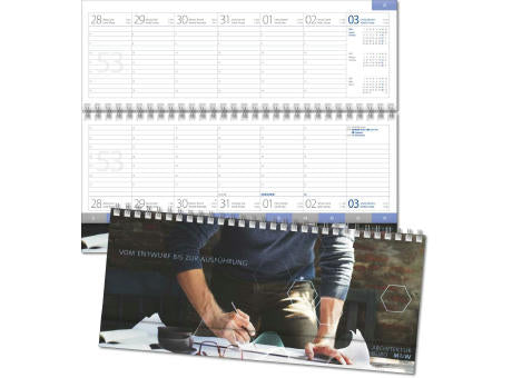 Schreibtischquerkalender "Premium" mit überstehender Kartonrückwand im Format 30,5 x 13,5 cm, mit Registerschnitt