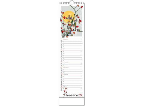 Kalender "Hyggelig" im Format 13 x 52,5 cm, mit Wire-O Bindung und verlängerter Rückwand