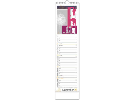 Kalender "Hyggelig" im Format 13 x 52,5 cm, mit Wire-O Bindung und verlängerter Rückwand