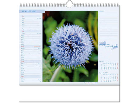 Kalender "Blütenwelt" im Format 30 x 29 cm, mit Wire-O-Bindung und verlängerter Rückwand