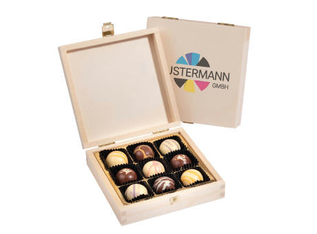 9 PREMIUM-PRALINEN IN QUADRATISCHER HOLZBOX