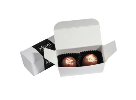 2 PRALINEN IN EDLER KARTONAGE / Nuss-Nougat