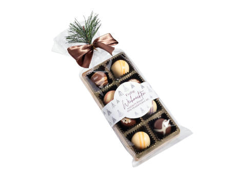 8 PREMIUM-PRALINEN IN TÜTE MIT SCHLEIFE UND WEIHNACHTSAST