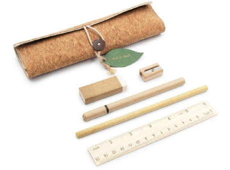 Schulset im Korketui mit Lineal, Kugelschreiber, Bleistift, Radiergummi und Anspitzer | Clark